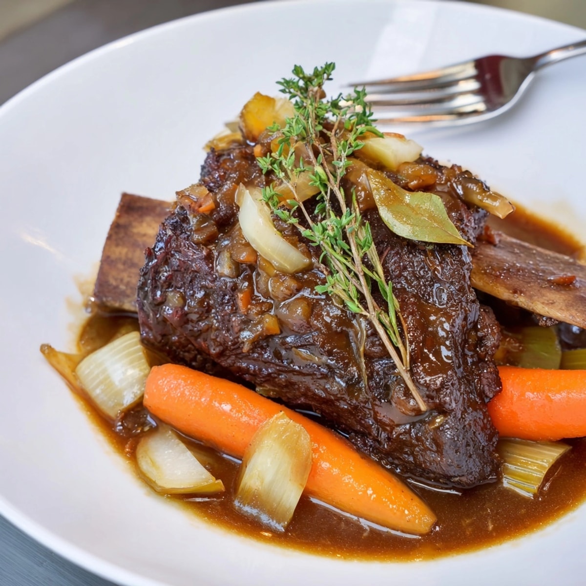 Fork-tender Apple Cider Braised Short Ribs glistening with rich sauce, served over creamy polenta.