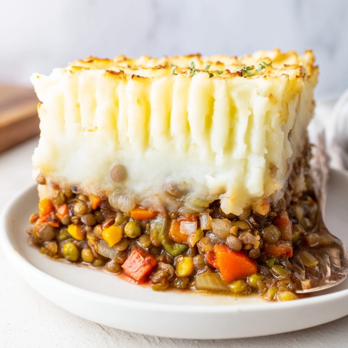 Delicious Lentil & Veggie Shepherds Pie, golden mashed potato topping, bubbling hot and fragrant.