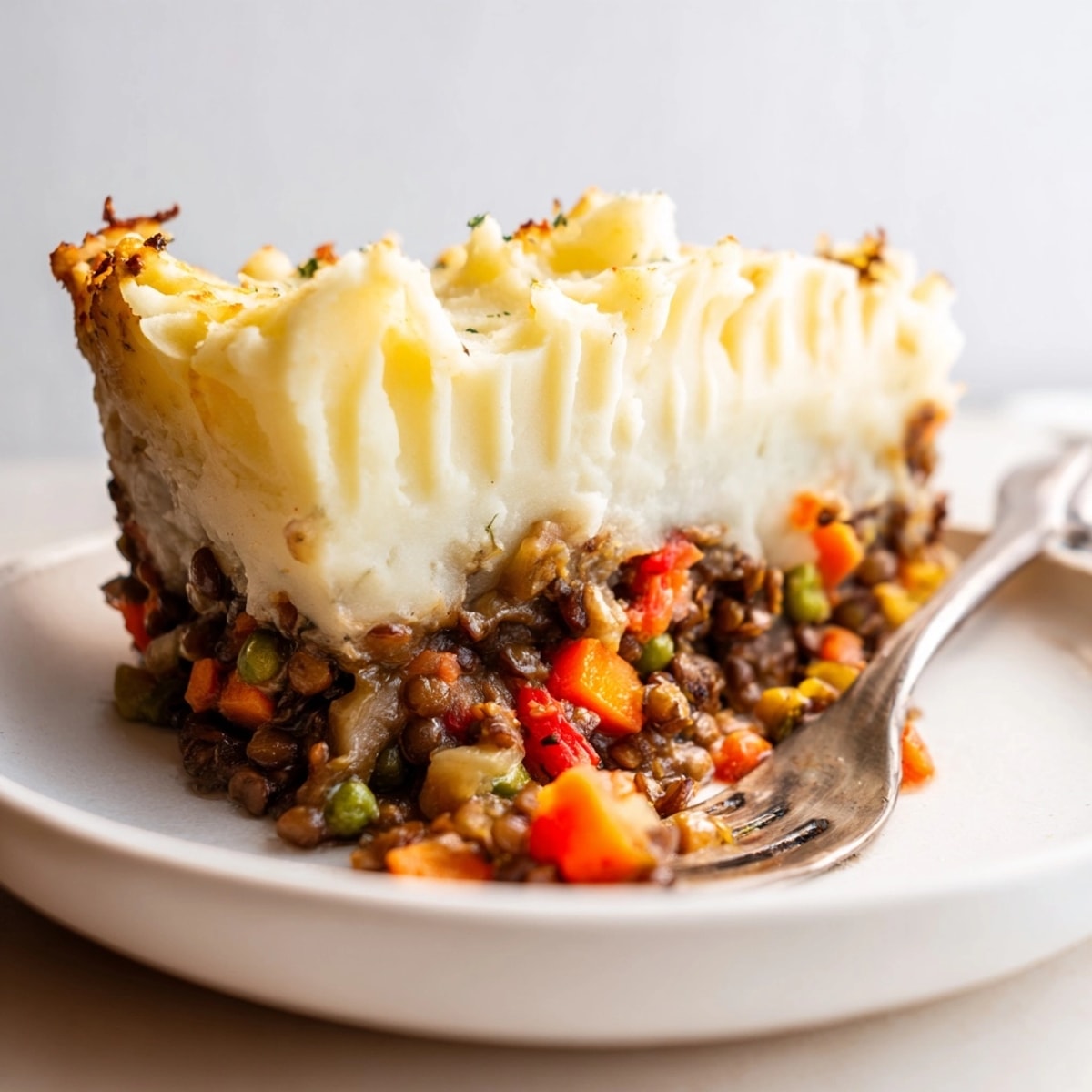 Warm, comforting Lentil &amp; Veggie Shepherds Pie, plant-based perfection ready for family dinner.