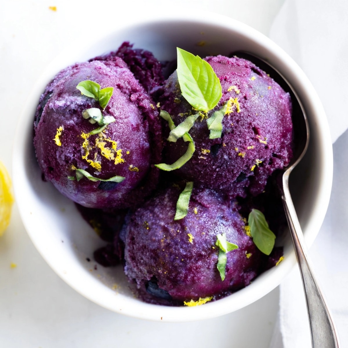 Close up of the frozen Blueberry &amp; Basil Lemonade Sorbet, perfect for a hot day.