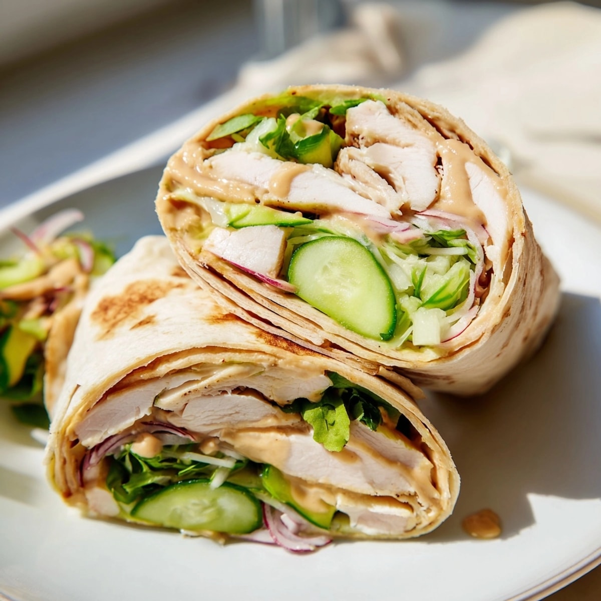 Golden grilled chicken and fresh microgreens peek from tasty Honey Mustard Chicken Wraps.