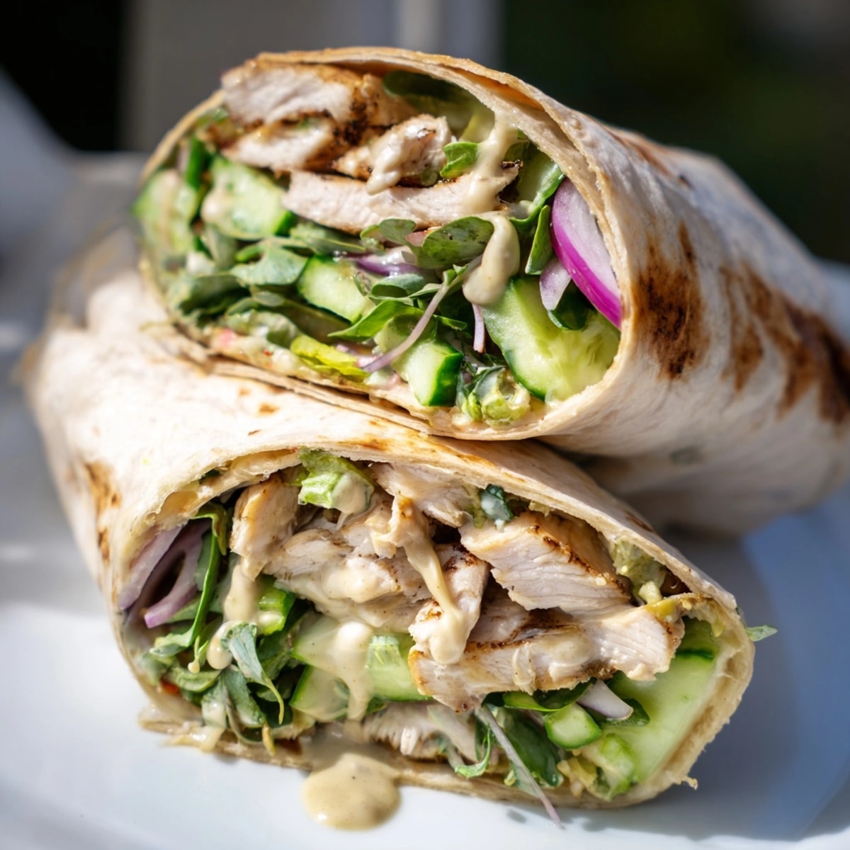 Close-up of vibrant Microgreen &amp; Honey Mustard Chicken Wraps, overflowing with healthful goodness.