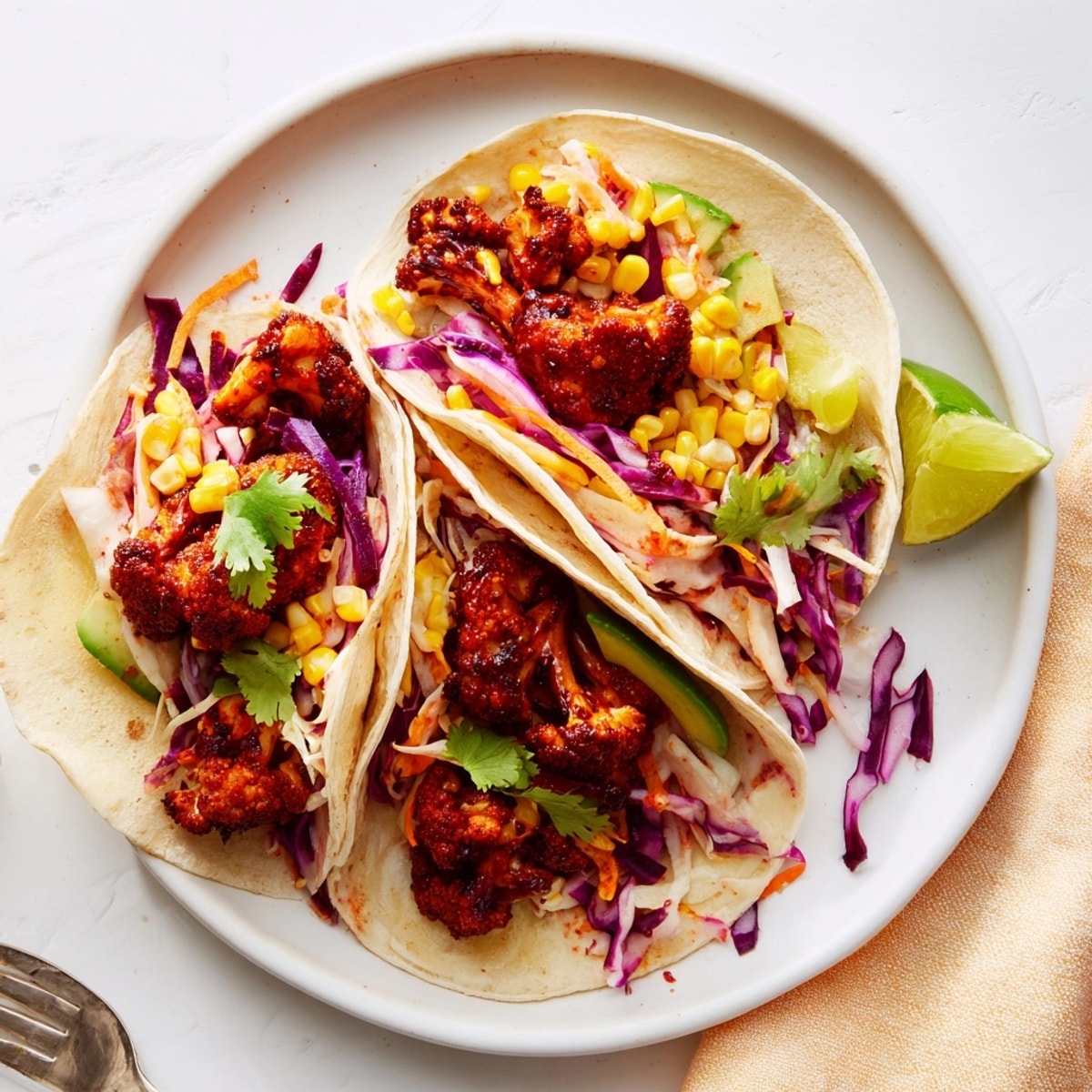 Close-up of colorful BBQ Cauliflower & Sweet Corn Tacos, piled high and ready to eat.