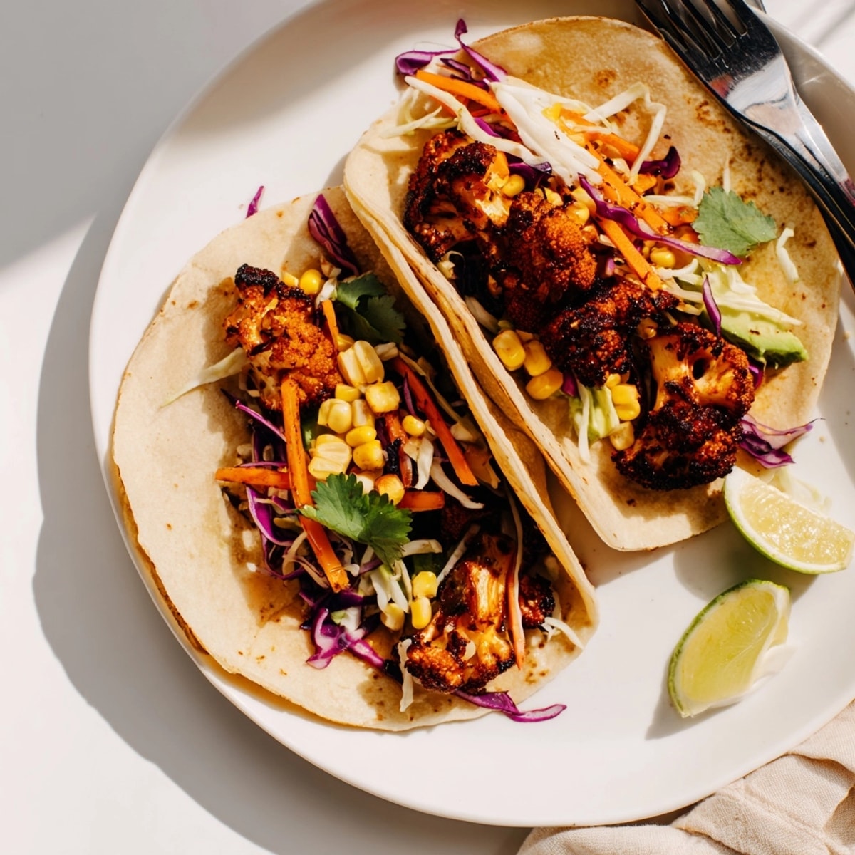 Roasted BBQ Cauliflower & Sweet Corn Tacos, a plant-based Tex-Mex feast, perfect for dinner.