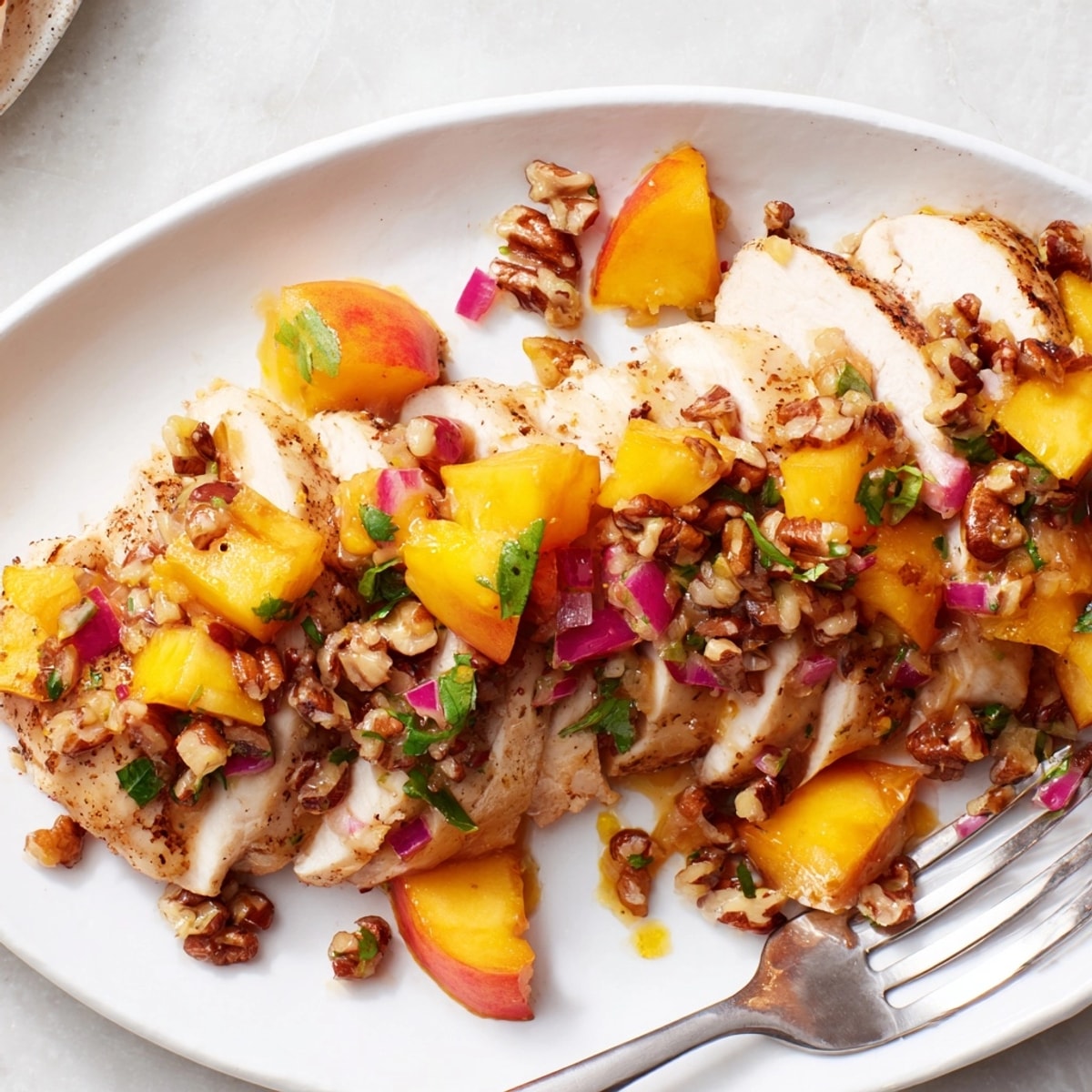 Golden Spicy Peach & Pecan Salsa Chicken glistening with juicy peaches, ready to serve.