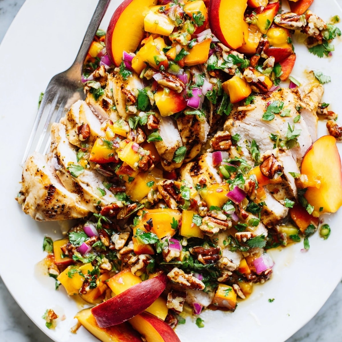 Close-up of tender Spicy Peach &amp; Pecan Salsa Chicken, showcasing its vibrant, fresh salsa.