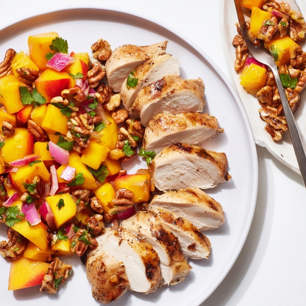 Baked Spicy Peach &amp; Pecan Salsa recipes: tender chicken topped with a colorful mix.