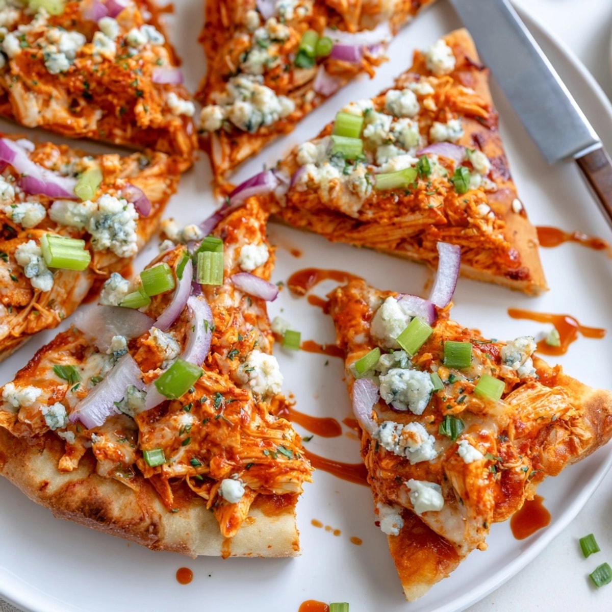 Overhead shot of a delicious, baked Buffalo Chicken & Blue Cheese Flatbread ready to slice.