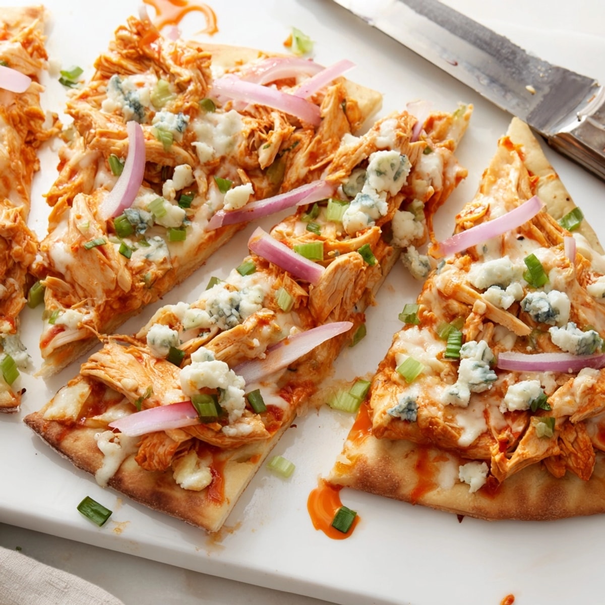 Close-up on a slice of Buffalo Chicken &amp; Blue Cheese Flatbread, oozing with melted cheese.