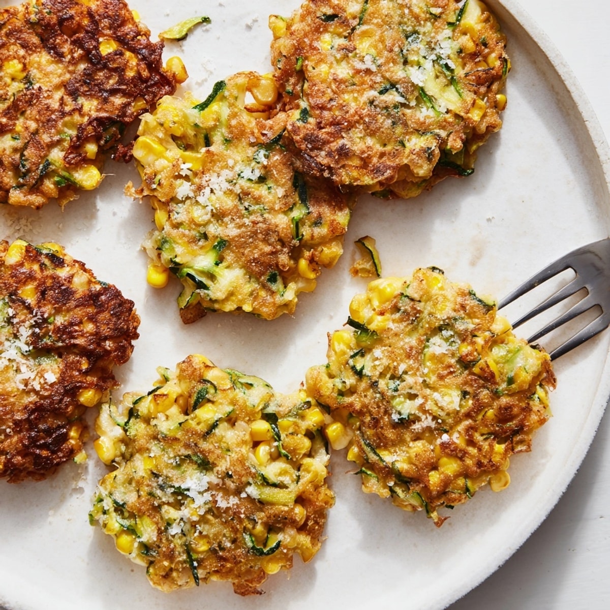 Golden Sweet Corn & Zucchini Fritters sizzle in a pan, a tasty summer side dish.