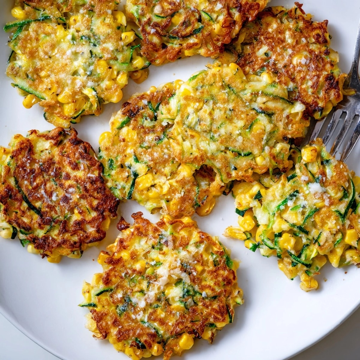 Close-up: Delicious Sweet Corn & Zucchini Fritters, showcasing their crispy edges and fresh herbs.