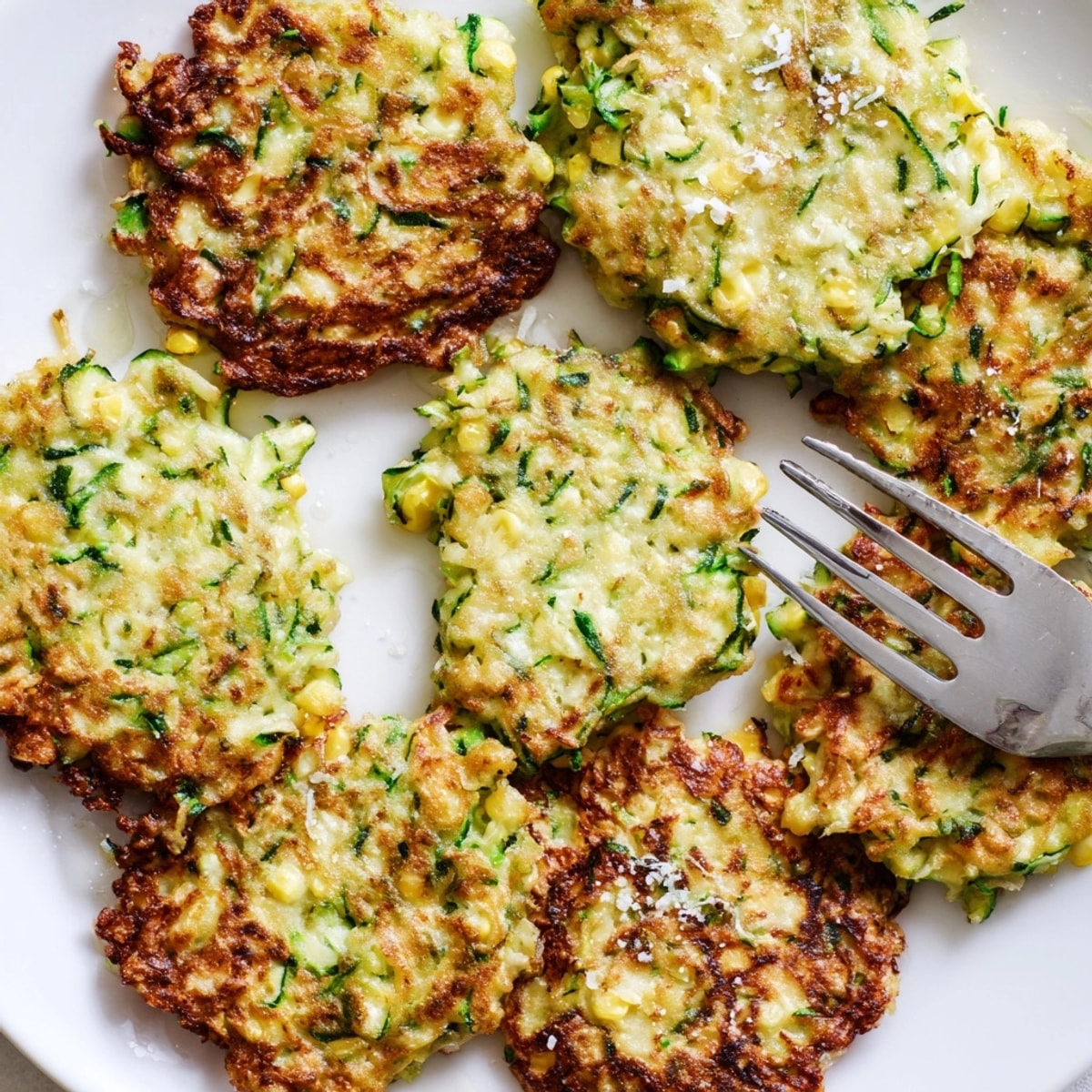 Warm, savory Sweet Corn & Zucchini Fritters, ready to serve with a cool dipping sauce.