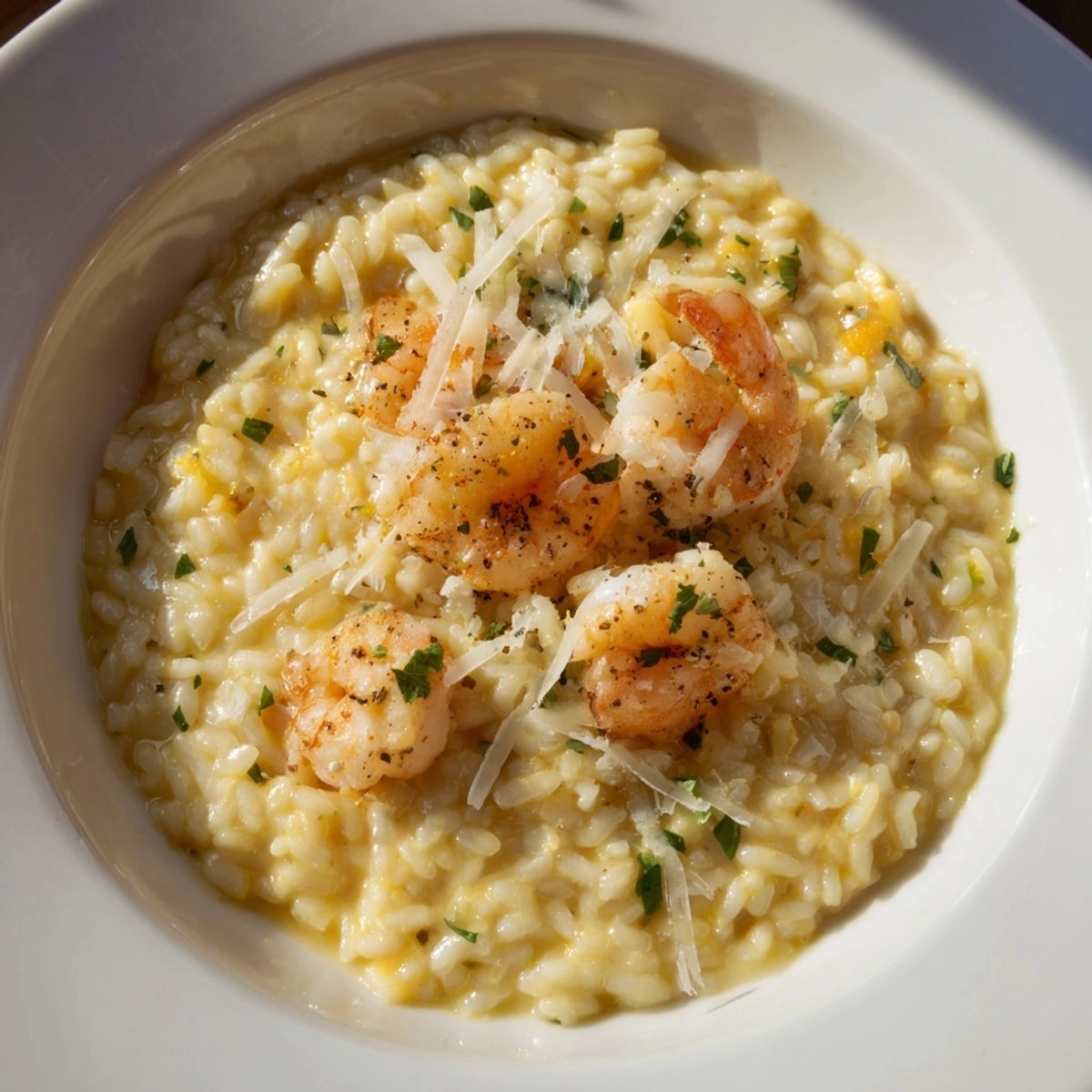 Close-up of delicious Saffron and Lemon Risotto with Shrimp glistening, ready to serve.