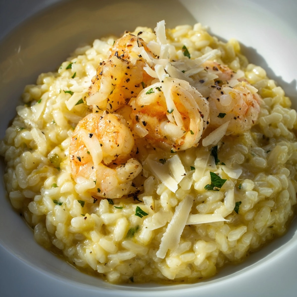 A vibrant Saffron Lemon Risotto with Shrimp recipe beautifully plated, topped with parsley.