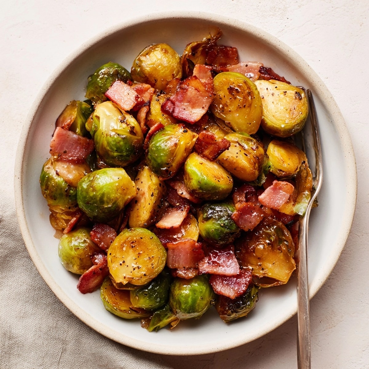 Golden, crispy Maple Bacon Brussels Sprouts on a baking sheet, ready to serve.