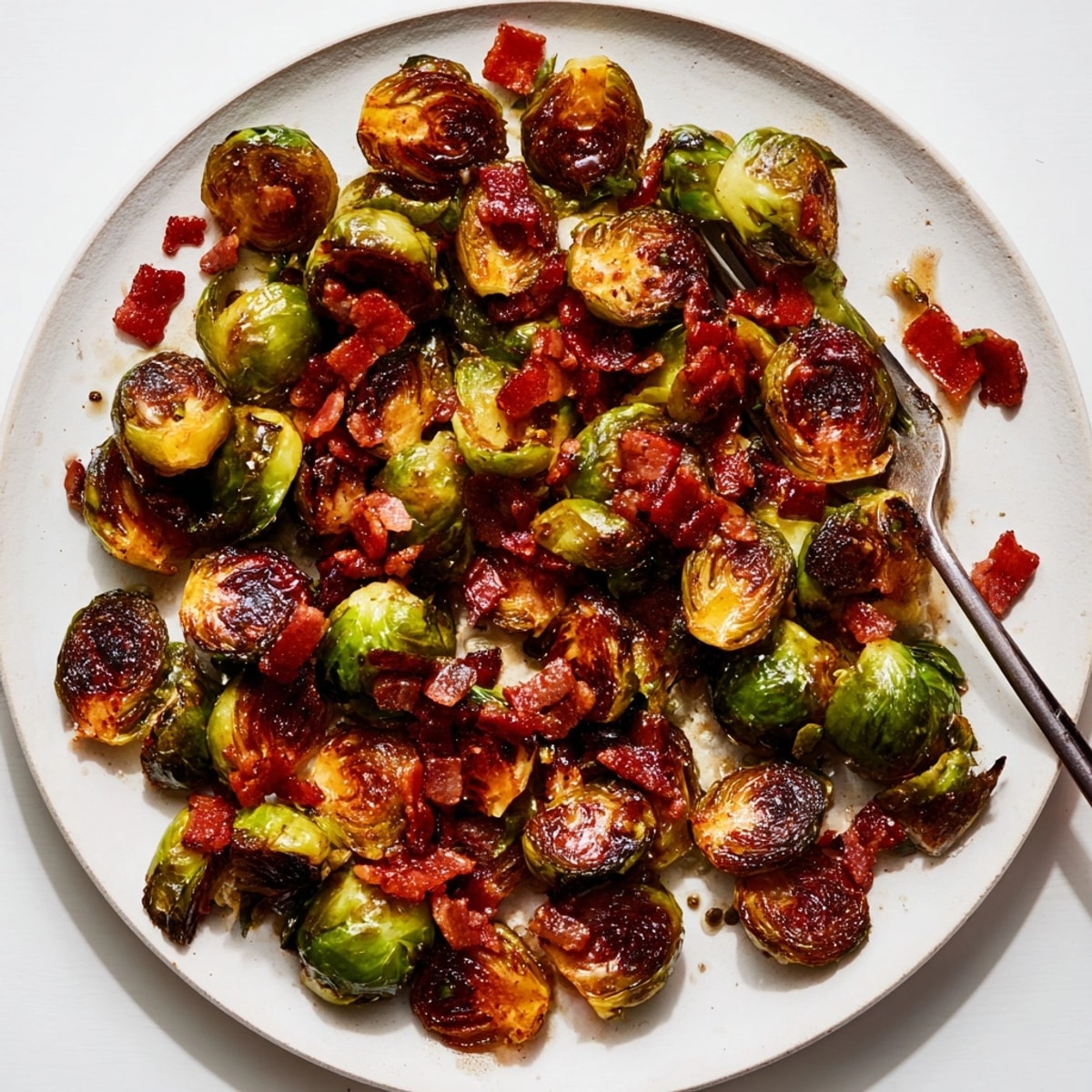 Savory Maple Bacon Brussels Sprouts: Roasting until caramelized, perfect with a sprinkle of pepper.