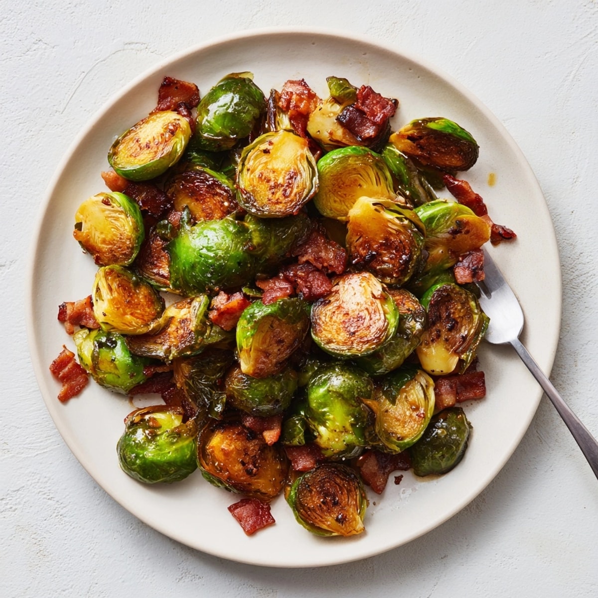 Close-up of glazed Maple Bacon Brussels Sprouts, glistening and smoky, a delicious side dish.