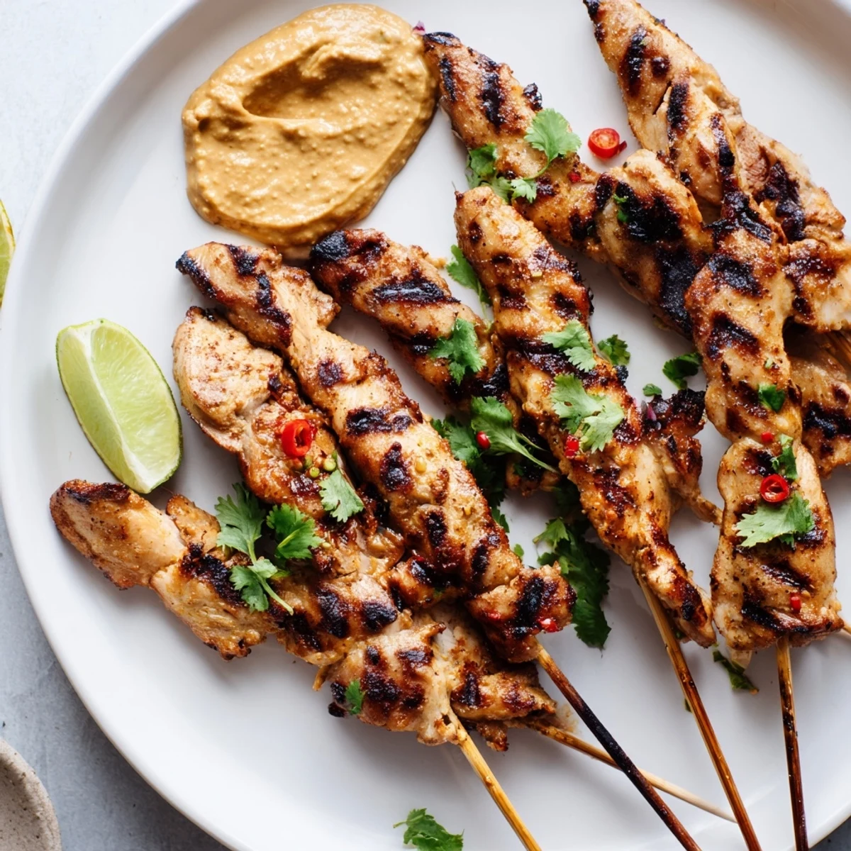 Grilled Chicken Satay skewers, perfectly charred, are accompanied by a rich, peanut sauce ready for dipping.