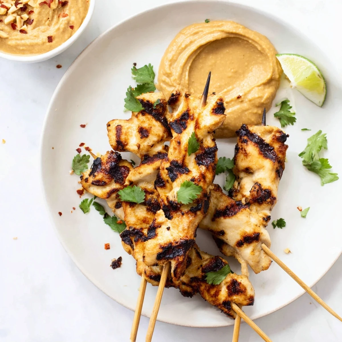Get ready to enjoy this image of juicy Grilled Chicken Satay paired with a creamy peanut sauce on the side.