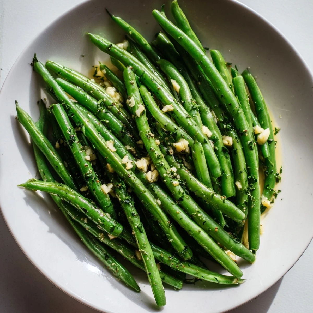Steaming Garlic Butter Green Beans, a vibrant side dish glistening with melted butter.