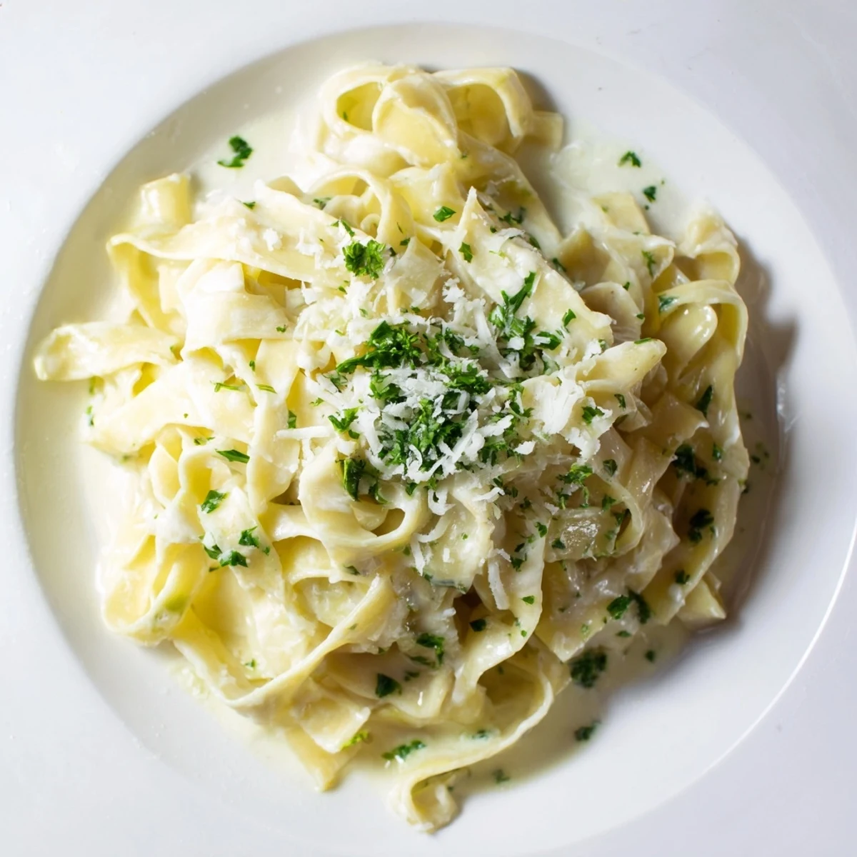 A close-up of buttery Creamy Fettuccine Alfredo, a comfort food classic made with fresh parsley and garlic.