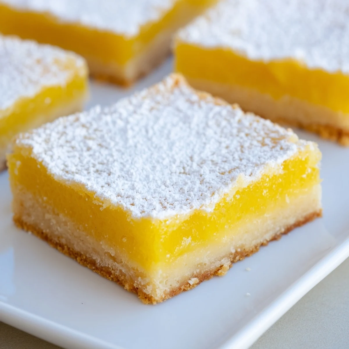 Golden, square lemon bars dusted with powdered sugar, ready for a delicious bite.