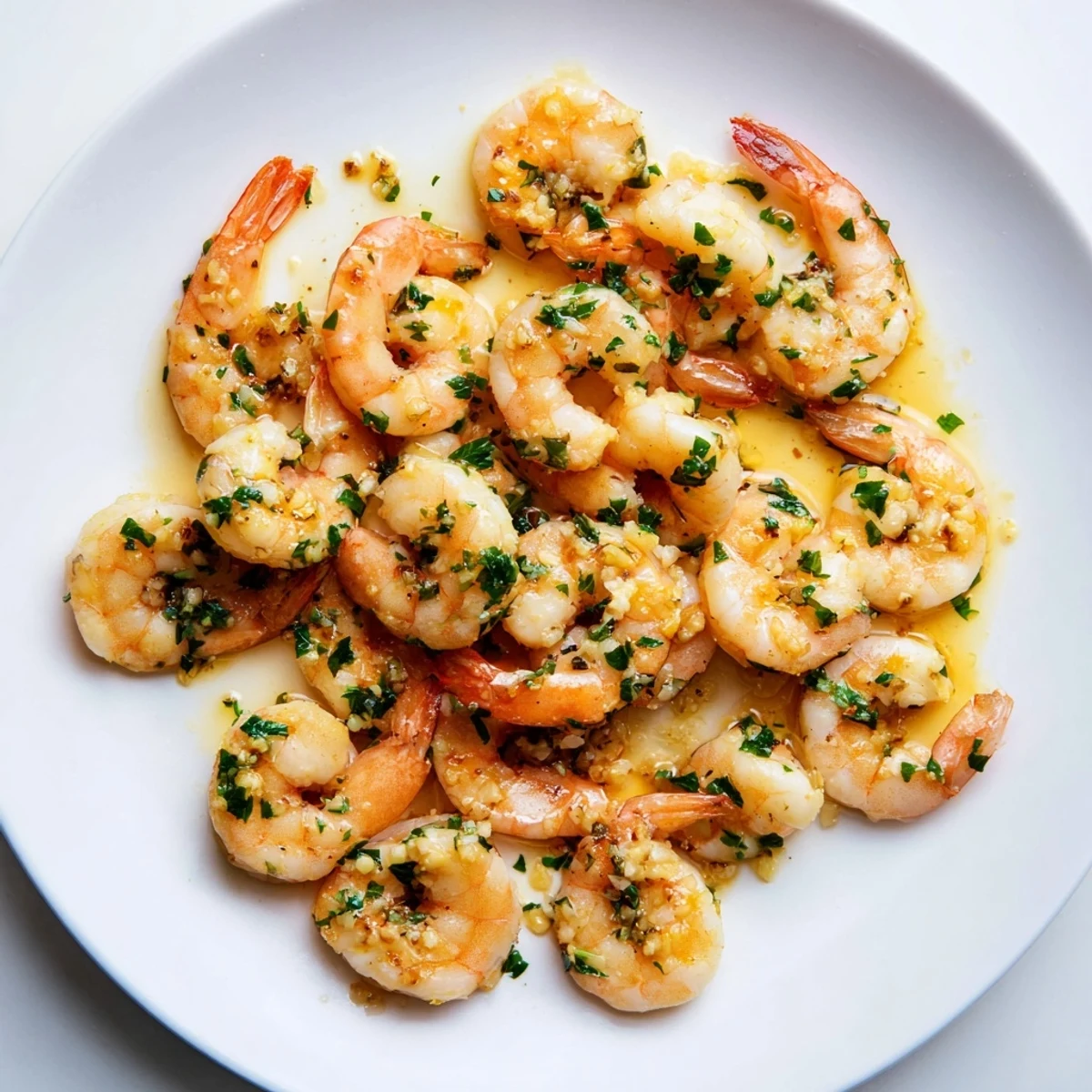 Close-up shot shows succulent garlic shrimp, perfectly cooked with fresh parsley garnish.