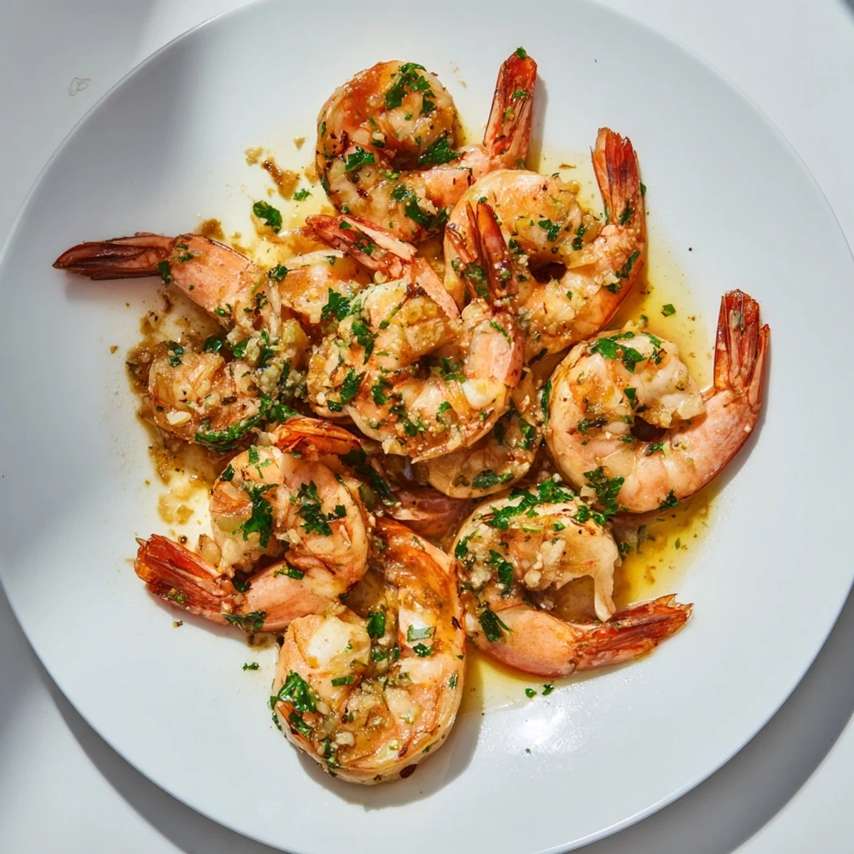 Golden garlic shrimp glistening with a buttery sauce, ready to be served over pasta.