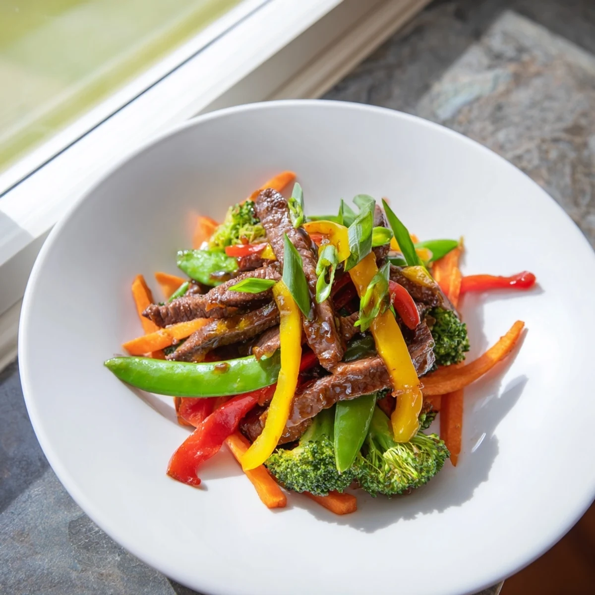 Steaming Beef and Vegetable Stir Fry with colorful peppers and tender beef on a plate.