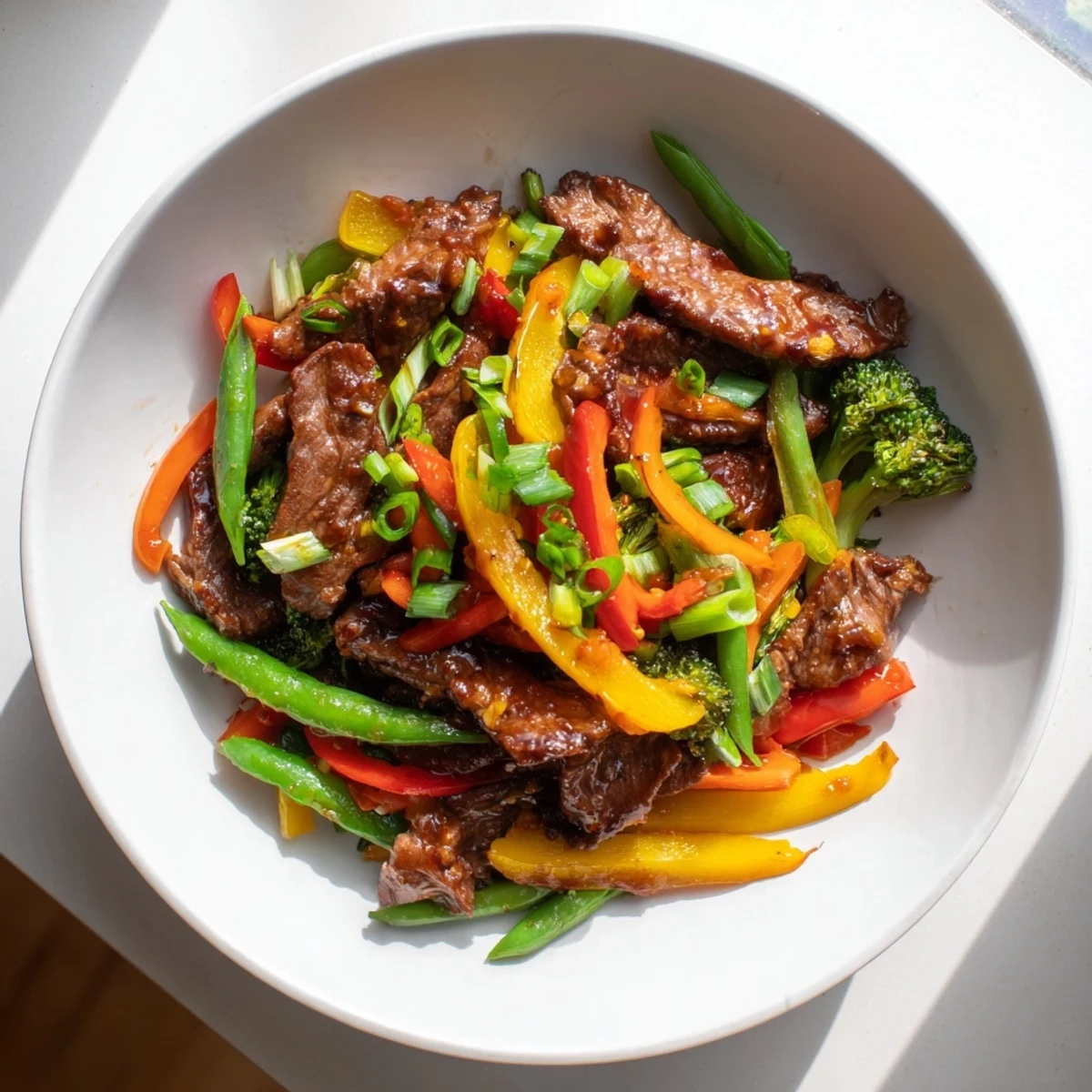 Savory Beef and Vegetable Stir Fry, showcasing glistening, stir-fried beef and vibrant vegetables.