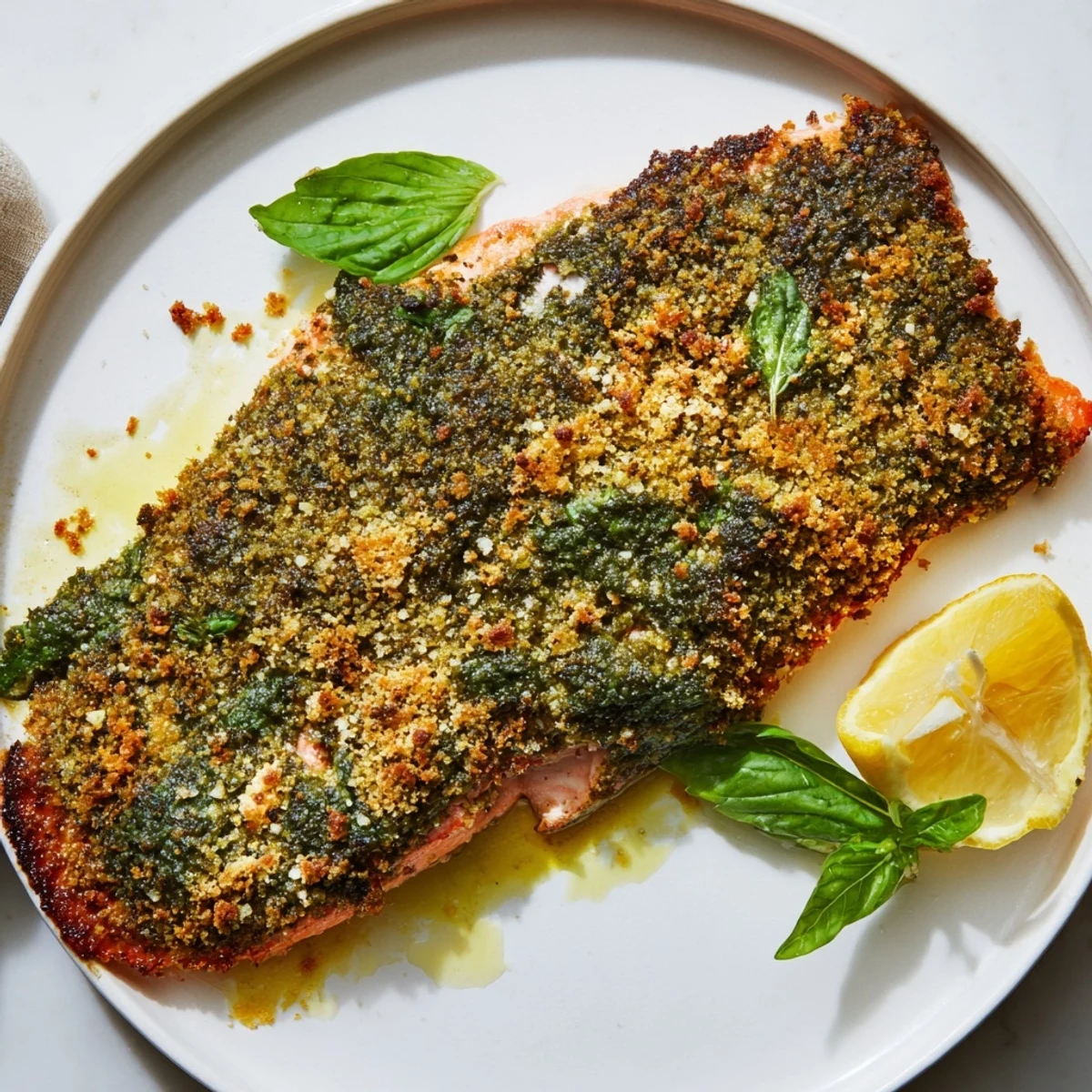 Golden-crusted Baked Salmon with Pesto, flaky and tender, ready for a delicious dinner.