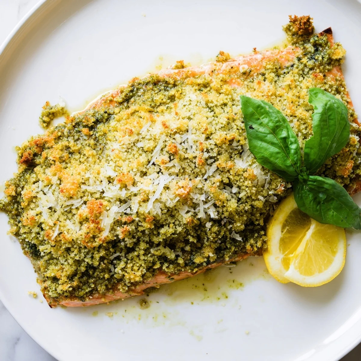 A close-up of baked salmon with pesto crust, smelling of fresh basil and ready to eat.