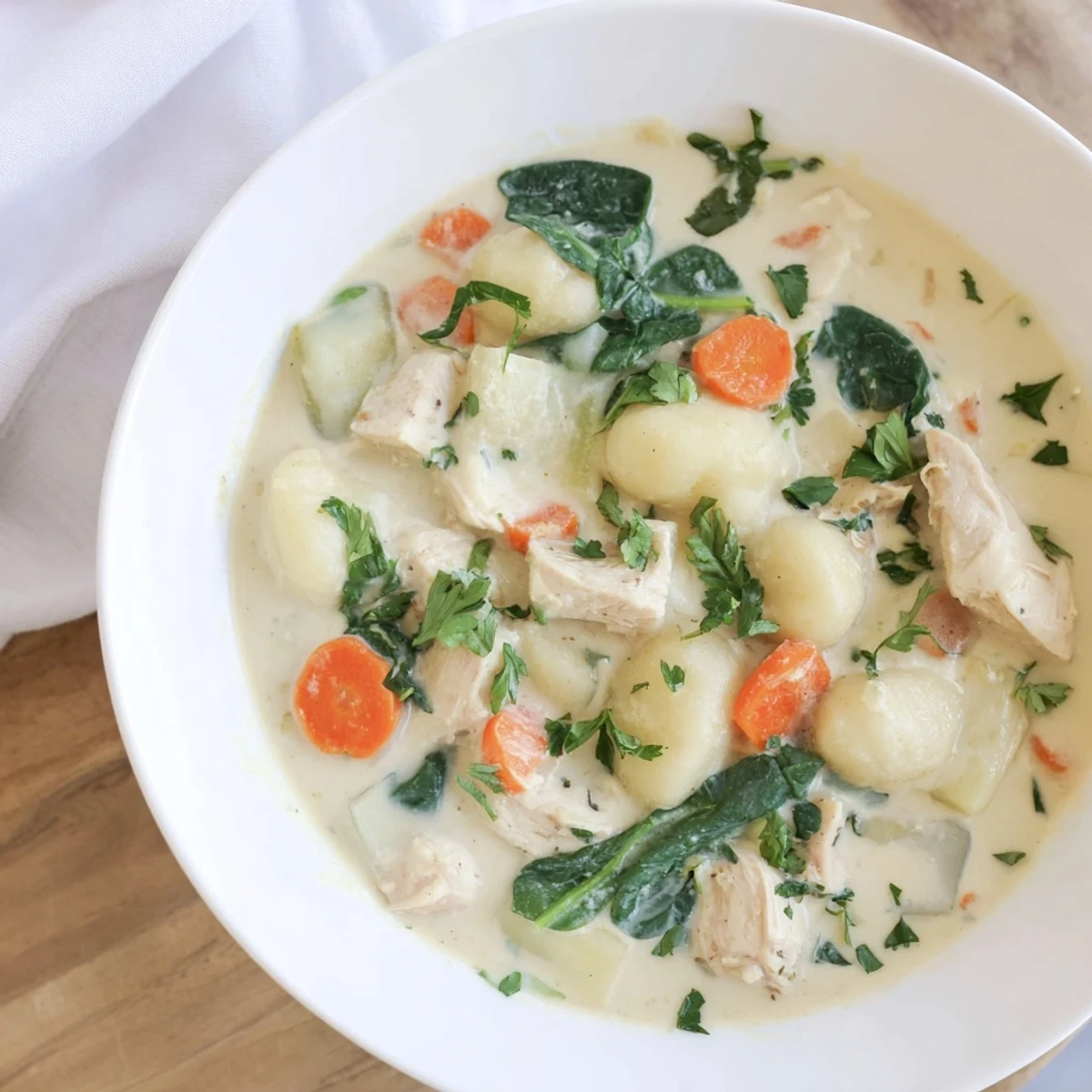 Warm Creamy Chicken and Gnocchi Soup, showcasing a creamy broth and garnished with fresh herbs.