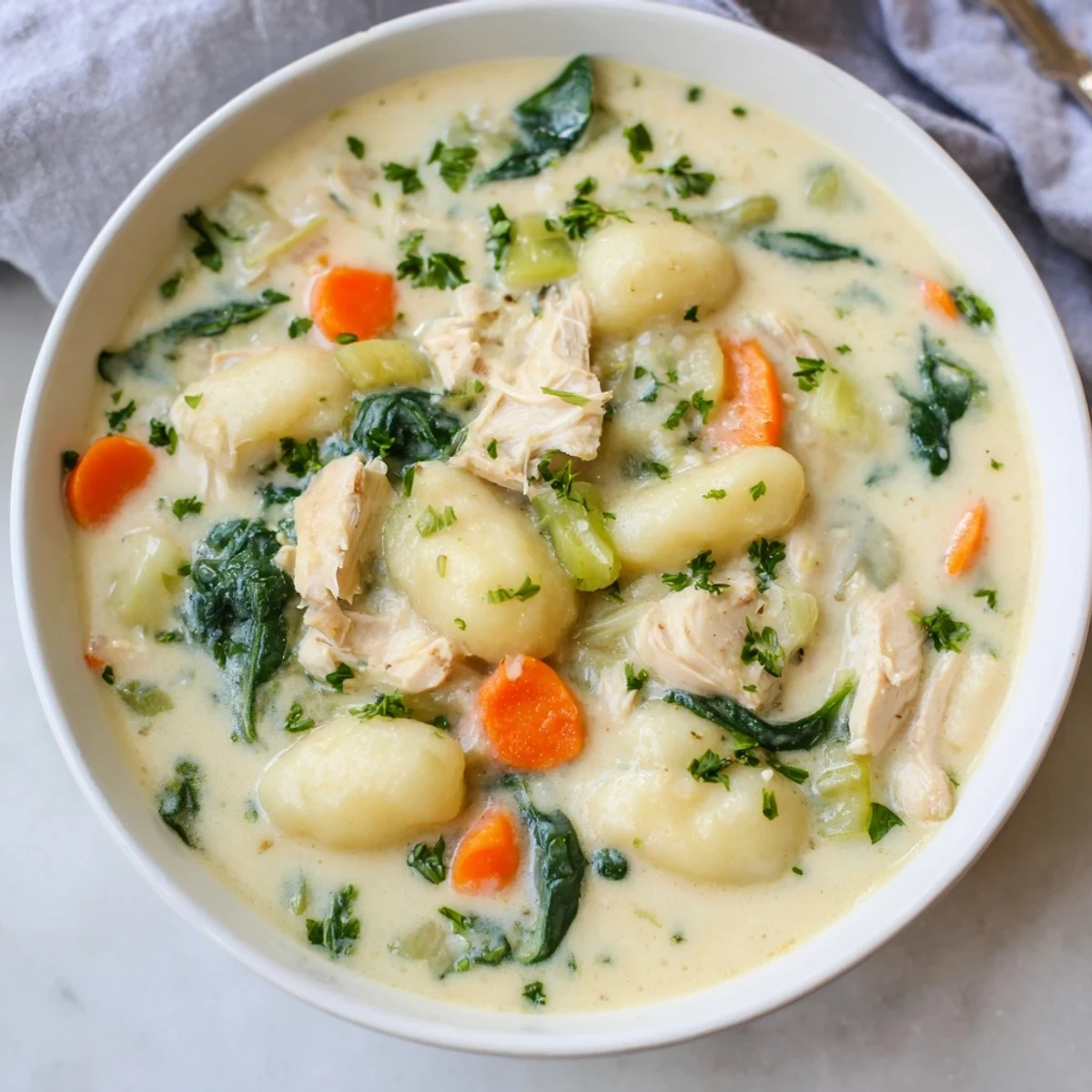 Enjoy a steaming bowl of Creamy Chicken and Gnocchi Soup, perfect for cozy comfort food cravings.