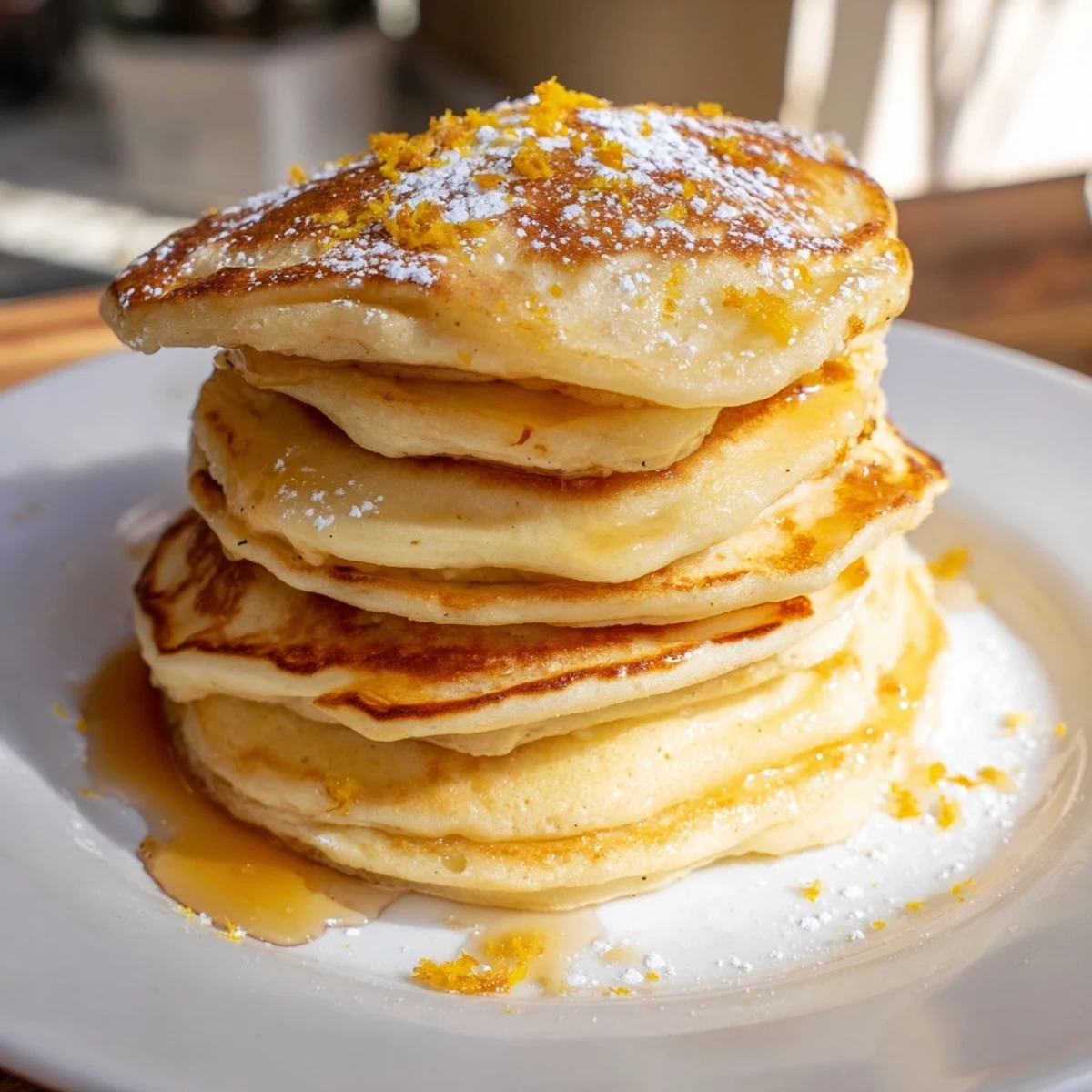 Fluffy Lemon Ricotta Pancakes drizzled generously with golden maple syrup, ready to eat.
