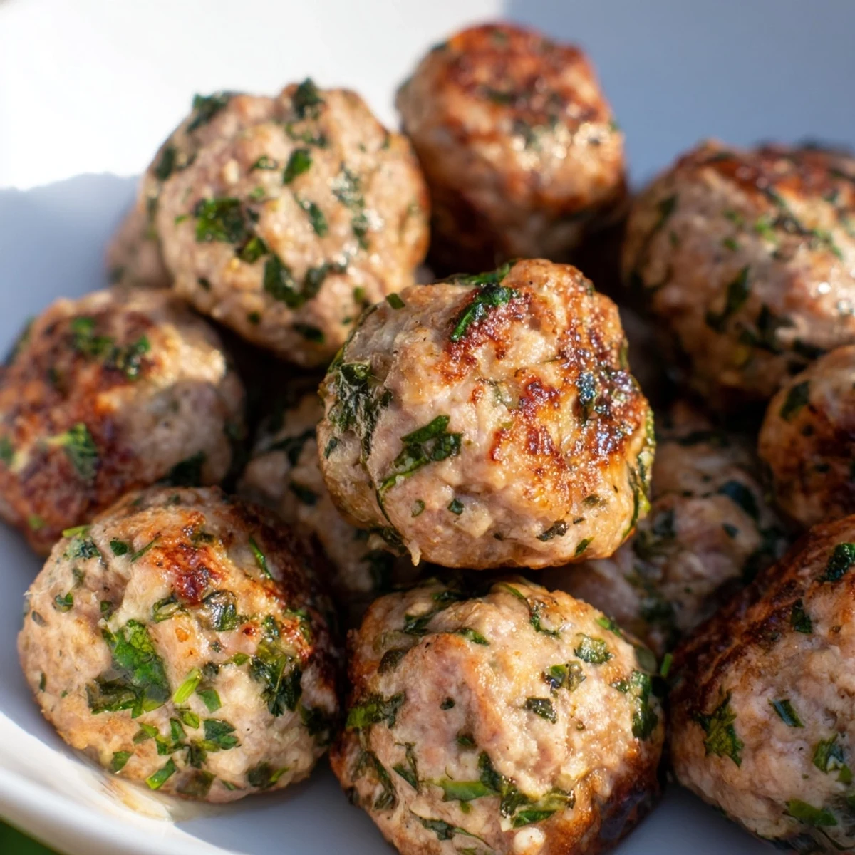 Herb Roasted Turkey Meatballs, glistening and browned, ready to be served with marinara sauce.