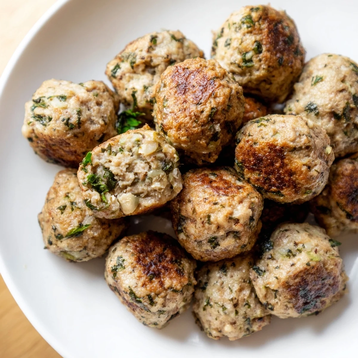 Golden brown Herb Roasted Turkey Meatballs, tender and juicy, nestled on a parchment-lined baking sheet.
