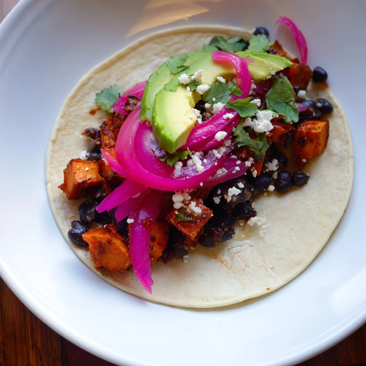 Roasted sweet potato and black bean tacos bursting with colorful veggies and creamy avocado, ready to eat!