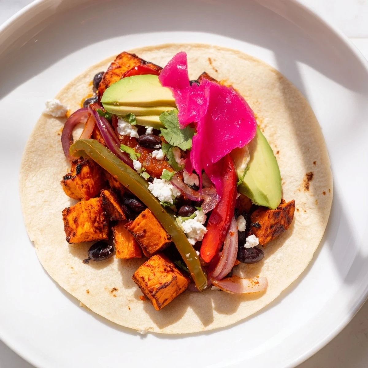 A close-up of delicious roasted sweet potato and black bean tacos, seasoned and ready for serving.