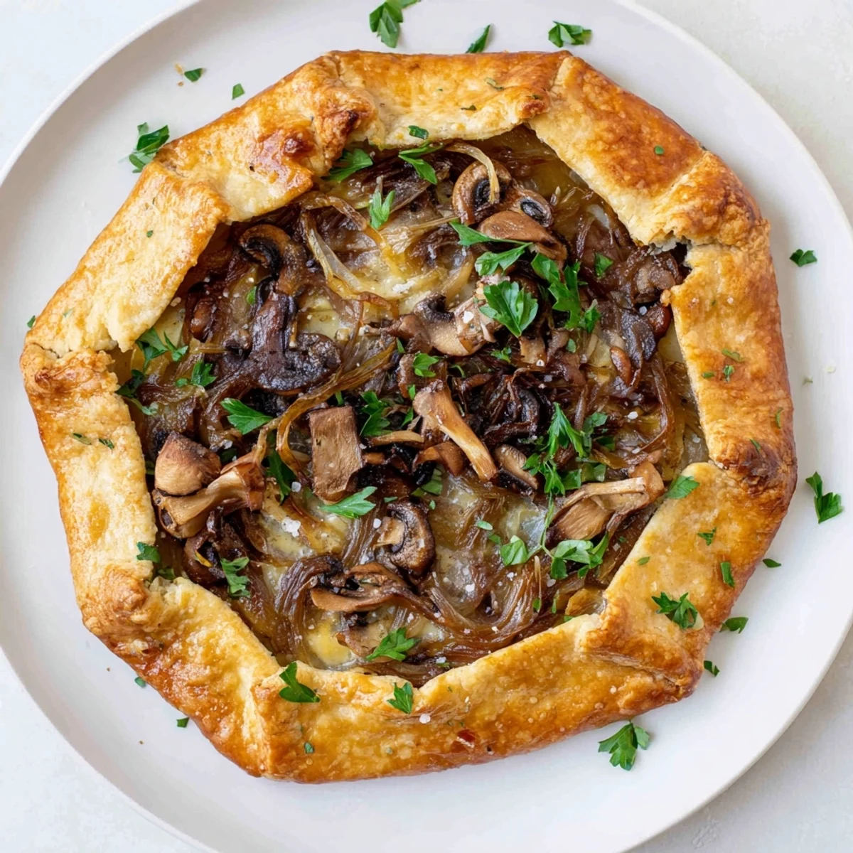 Golden-crusted Savory Mushroom and Onion Galette with caramelized onions and herbs, a rustic delight.