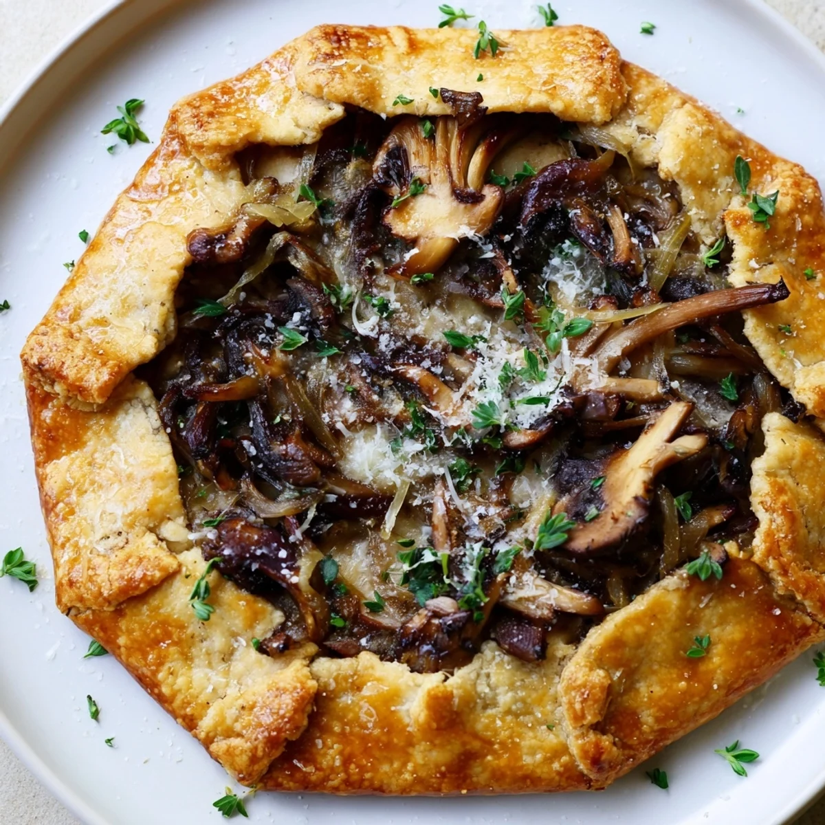 A close-up view presents a warm, freshly baked Savory Mushroom and Onion Galette, ready to eat.