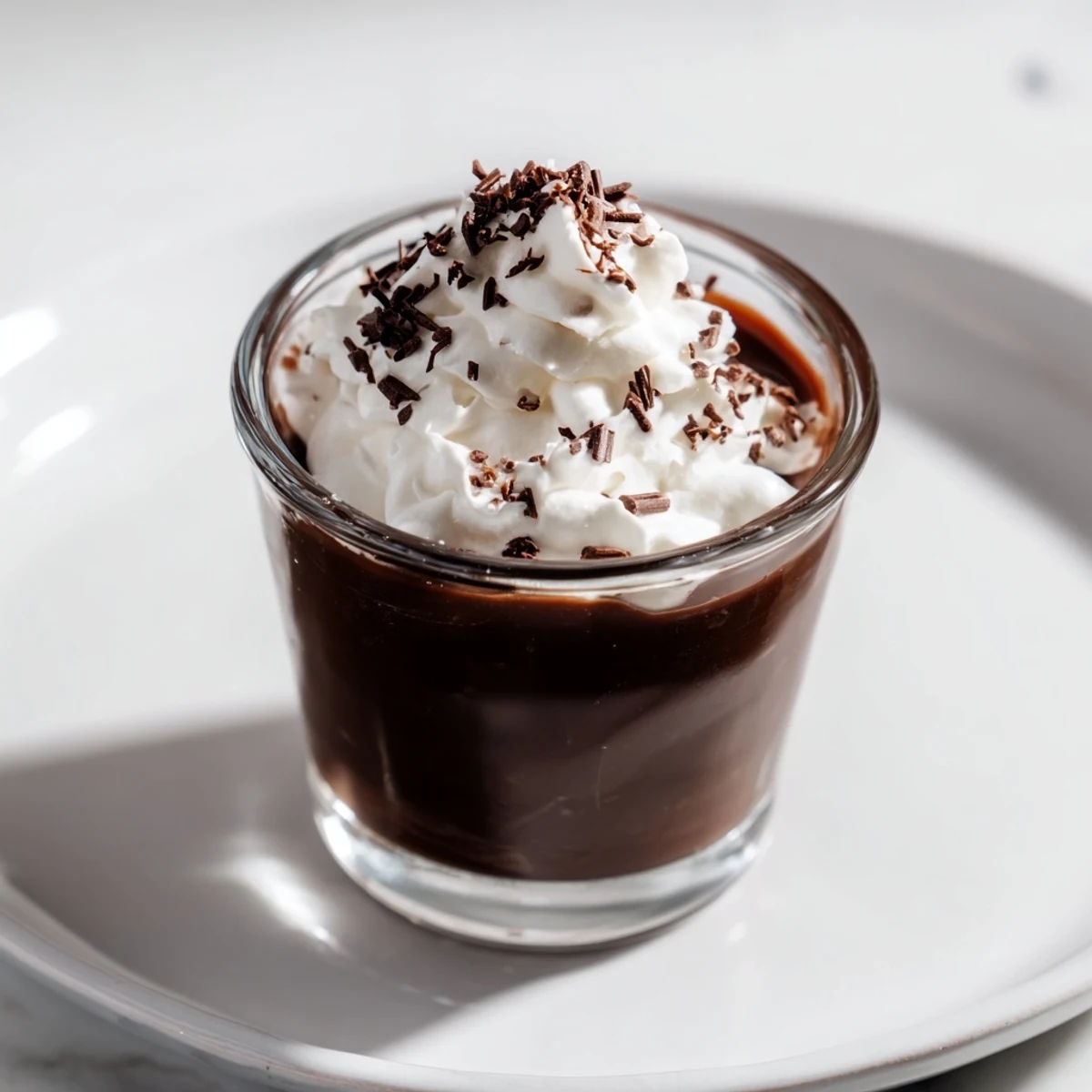 A close-up of a velvety chocolate shot, garnished with whipped cream and cocoa powder beautifully.