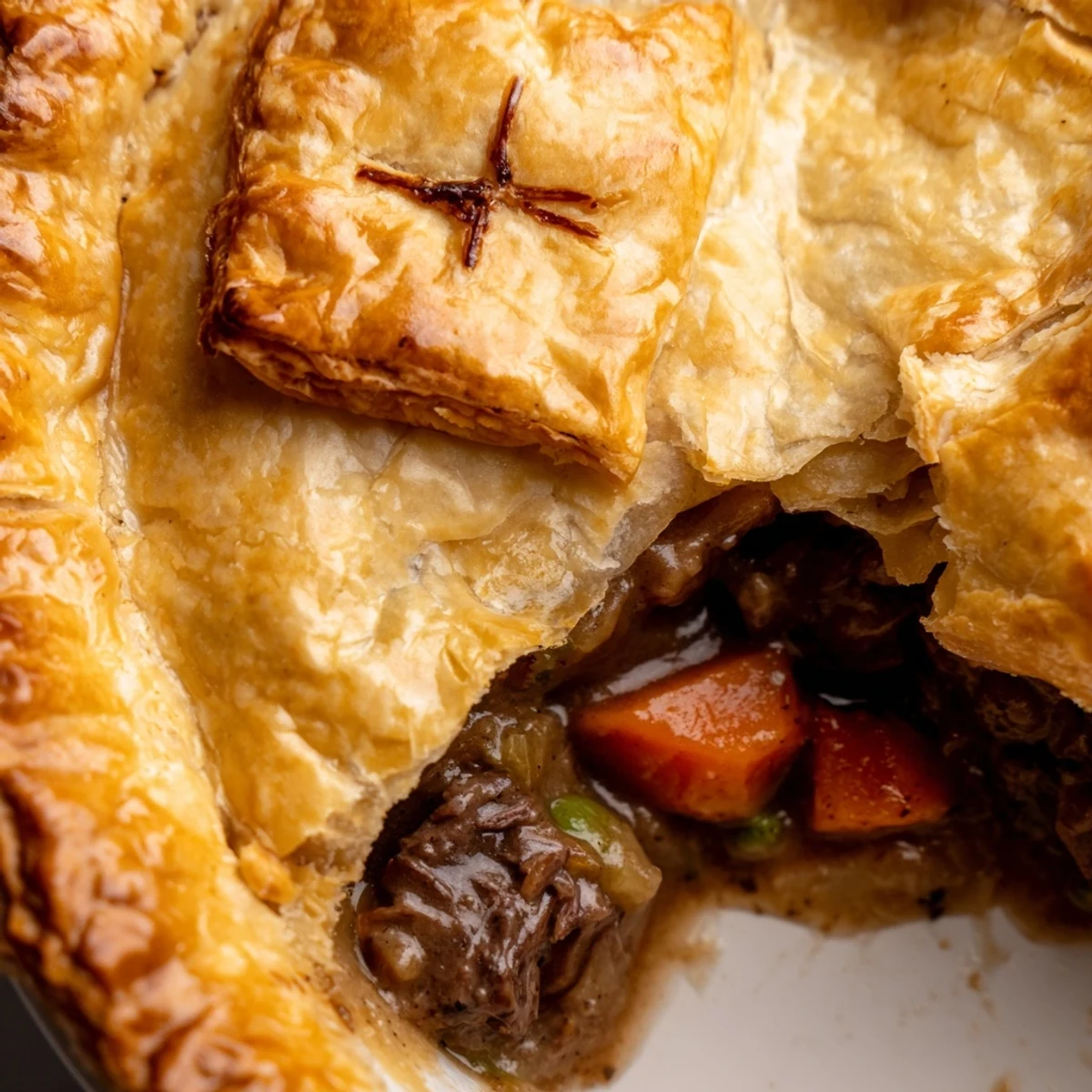 Golden, flaky crust atop a steaming beef pie, filled with tender chunks of beef.