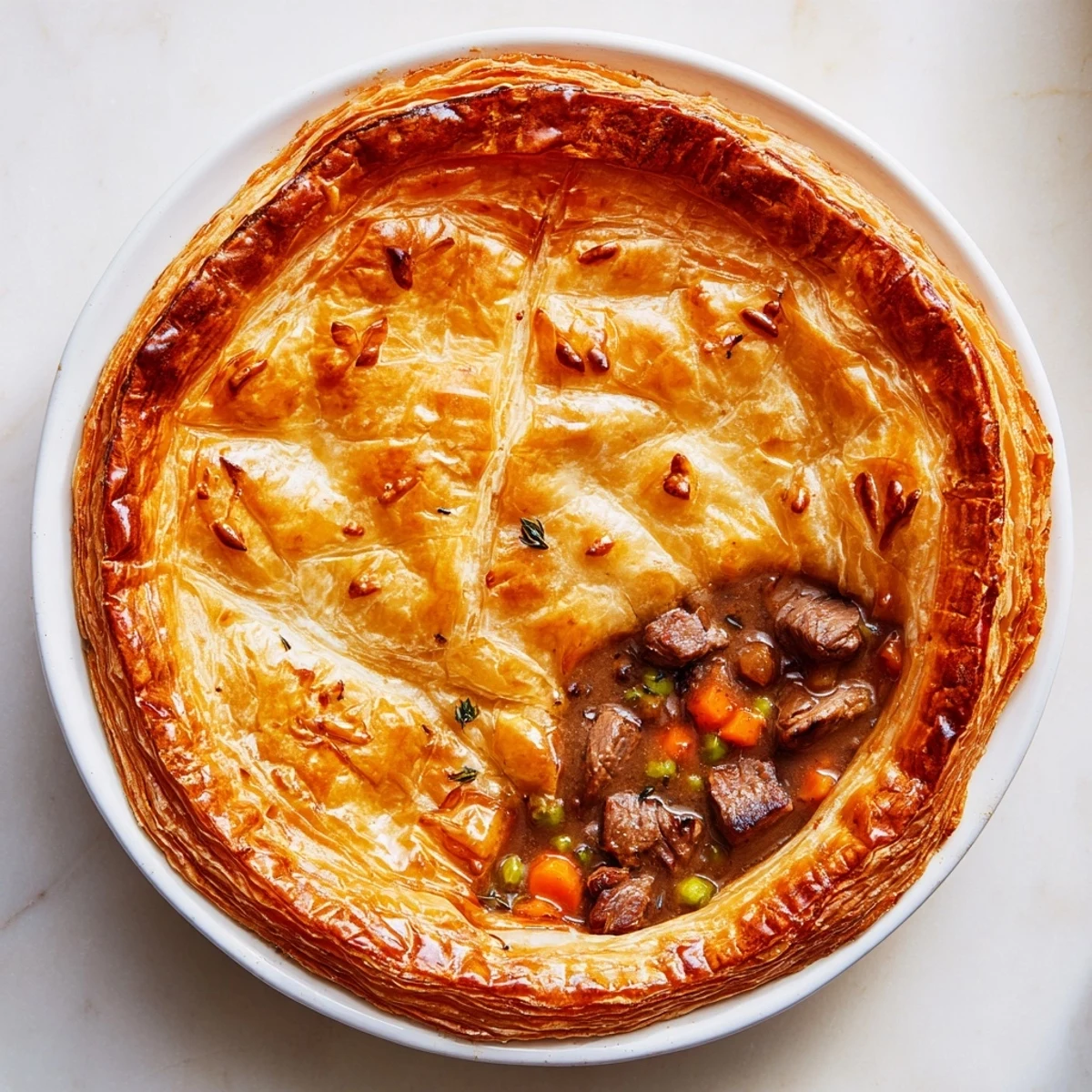 Savory beef pie, ready to serve, showing a perfectly browned pastry topping a hearty filling.