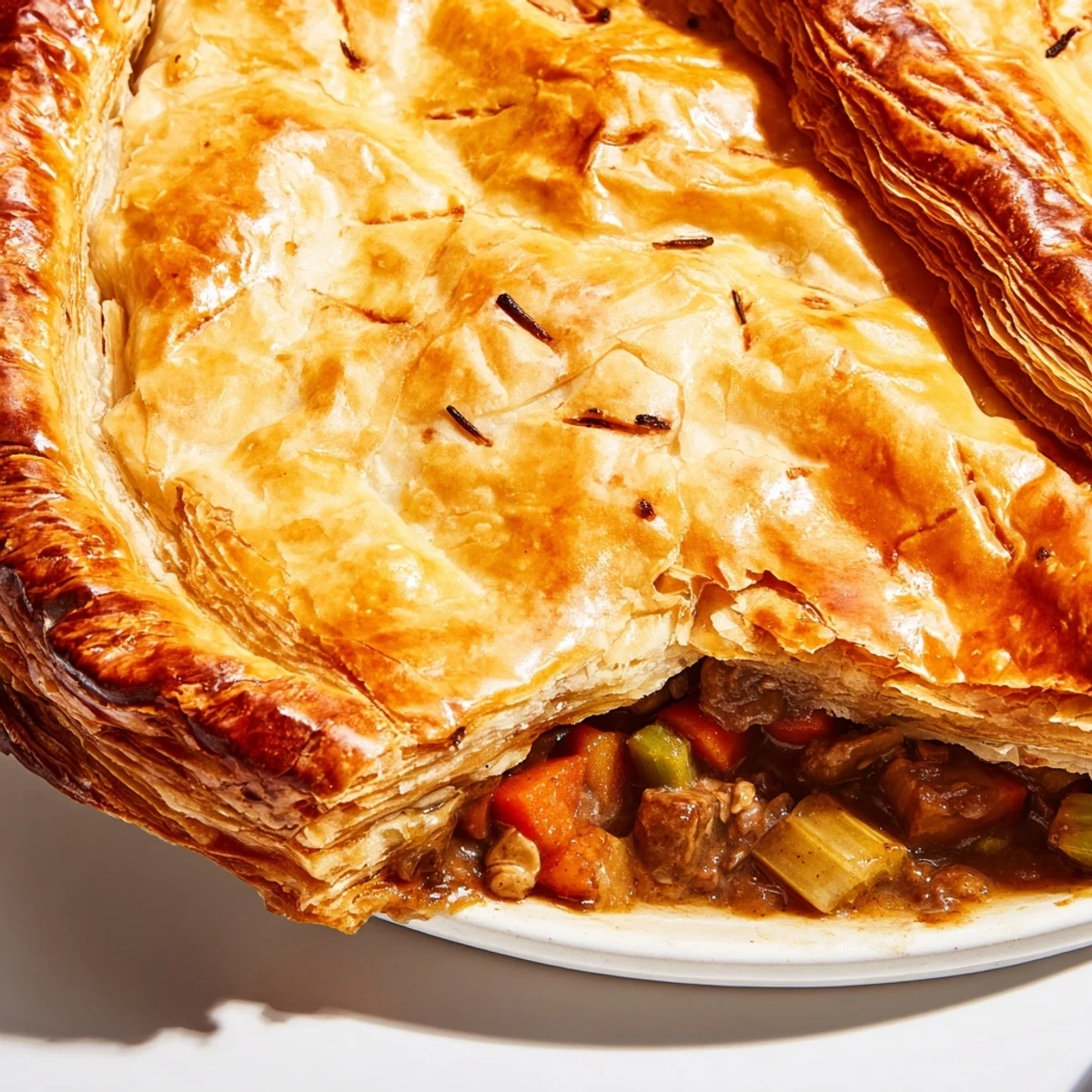 A close-up of a bubbling beef pie, rich gravy visible with tender meat and vegetables.