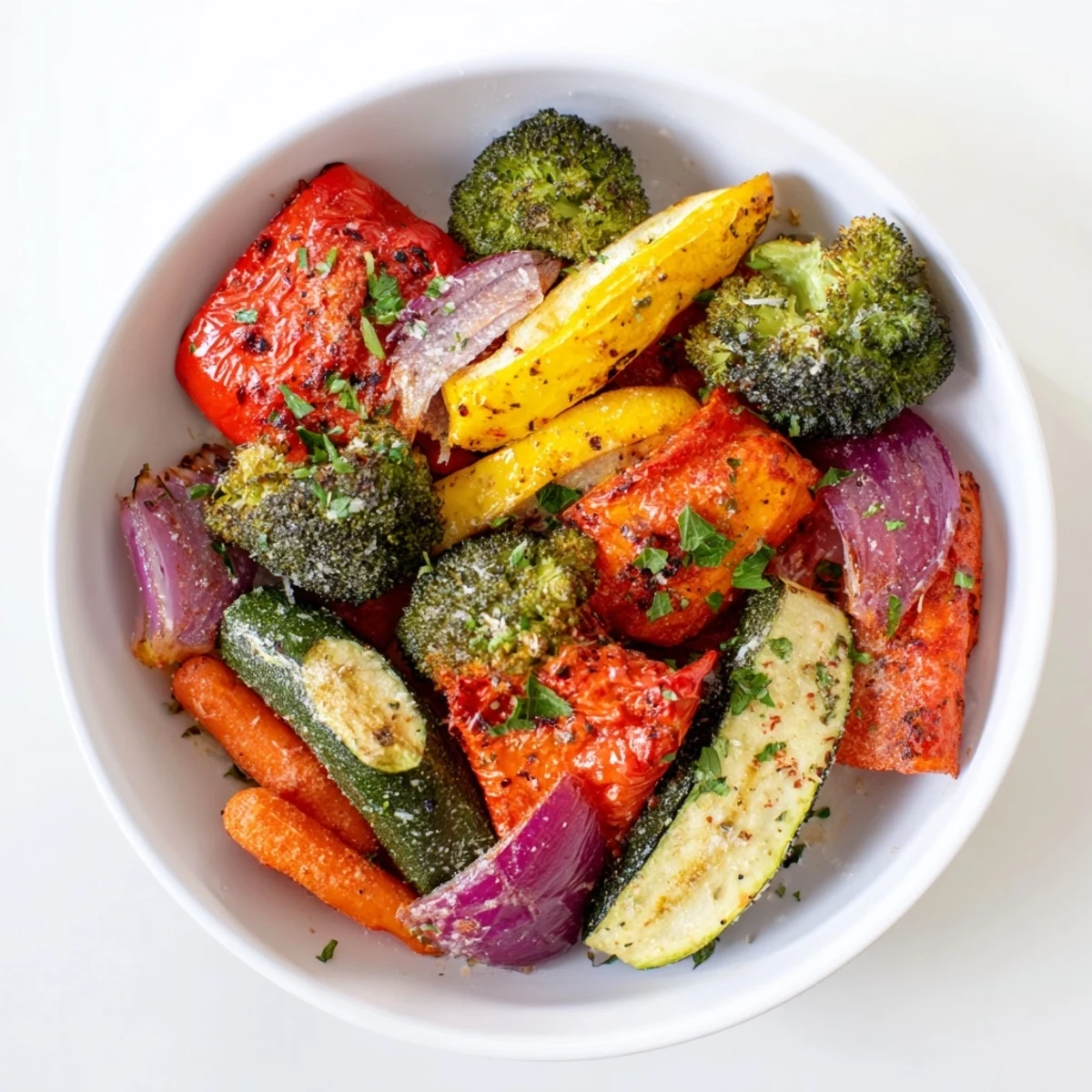 Close-up of baked vegetable dish, featuring tender, caramelized carrots and bell peppers, ready to eat.