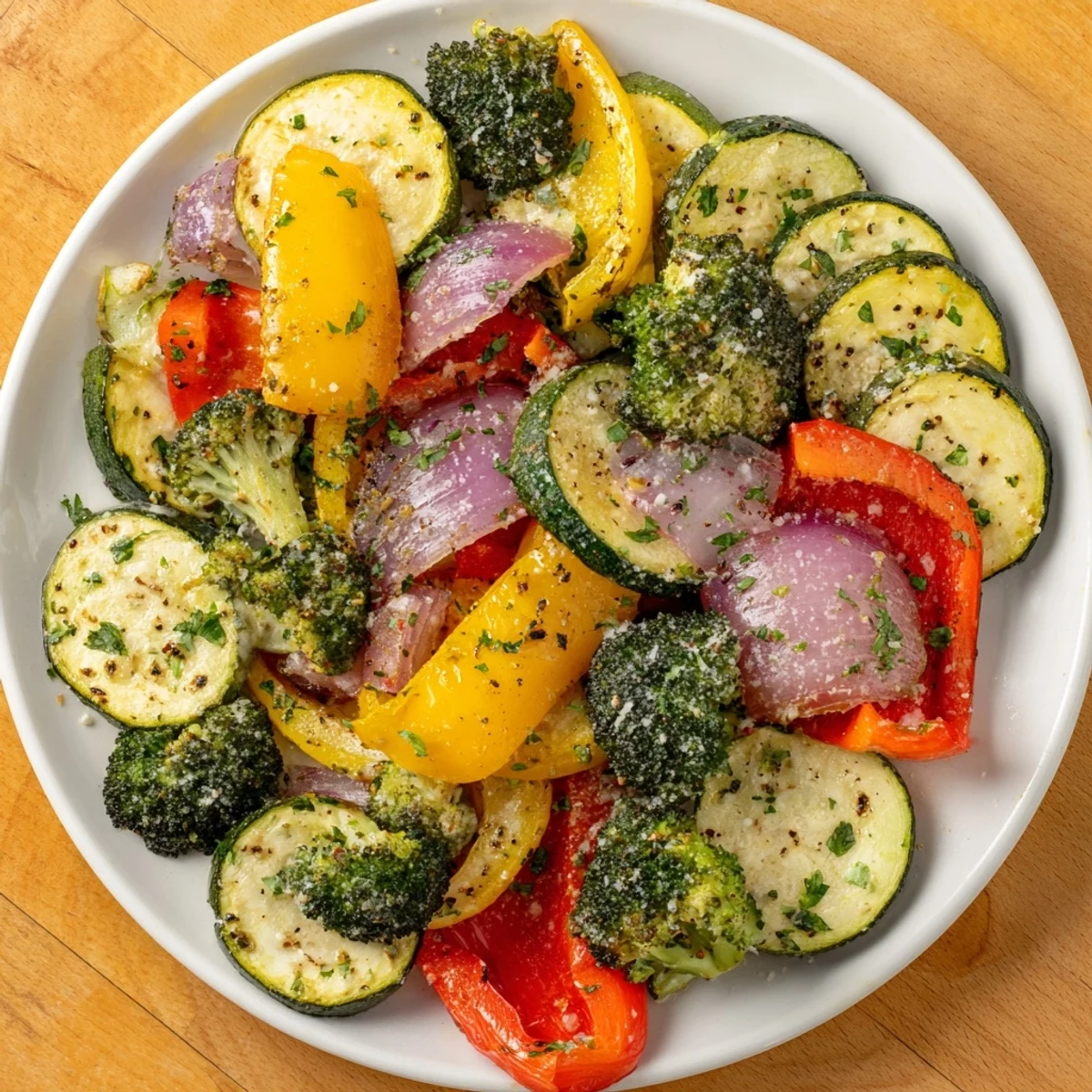 Golden-brown baked vegetable medley, a vibrant mix of roasted vegetables, ready to serve as a side.