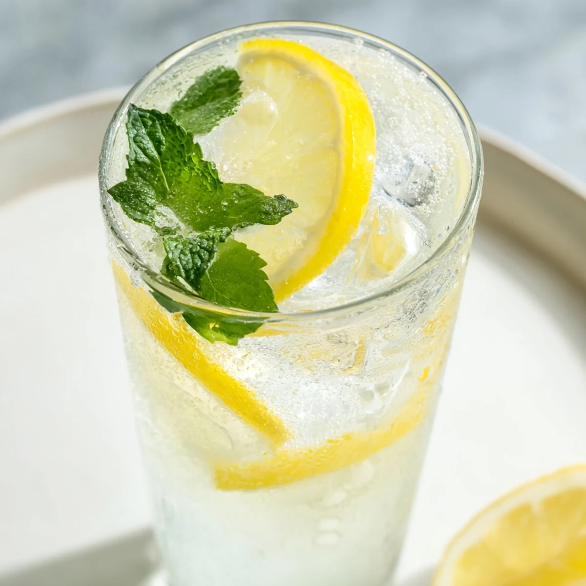 A tall glass of homemade lemonade, garnished with fresh lemon slices and mint.