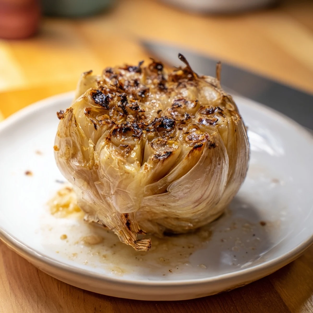 Golden roasted garlic head, soft and intensely flavorful, ready to be spread on bread.
