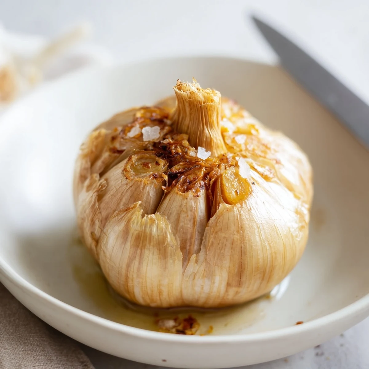 Soft roasted garlic cloves, golden-brown and glistening, a simple yet flavorful condiment.